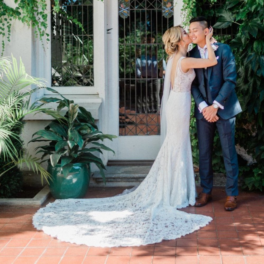 Made With Love French Lace and Mesh Mermaid Deep V Low Back Wedding Dress - Picture 5 of 8